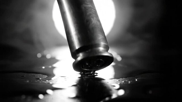 Dramatic slow-motion shot of a bullet casing standing on a reflective surface