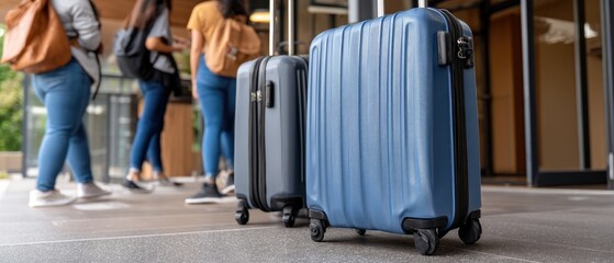 Man enters hotel reception area with suitcase as staff and other guests observe, creating a welcoming scene in teal blue tones
