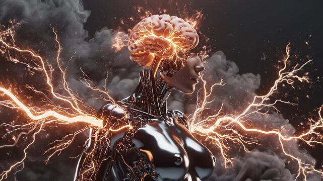 Cyborg with glowing brain and lightning