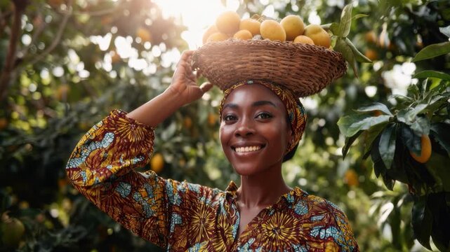 Black woman carrying basket of lemons, smiling under golden sunlight in lush citrus orchard wearing colorful patterned dress and headscarf balancing basket on head conveying joy tradition