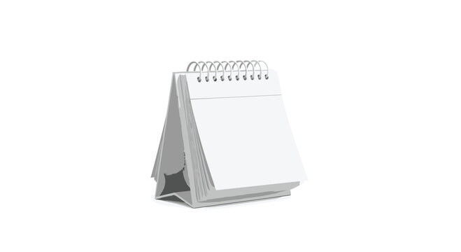 A simple grayscale illustration of a blank desk calendar with a spiral binding stands upright on a plain white background.