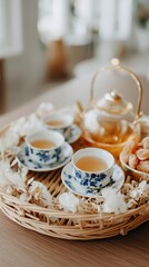 Fototapeta premium Golden coffee pot sits beside Arabic tea set and dates on a tray with crescent moon decoration on a rug during Ramadan time