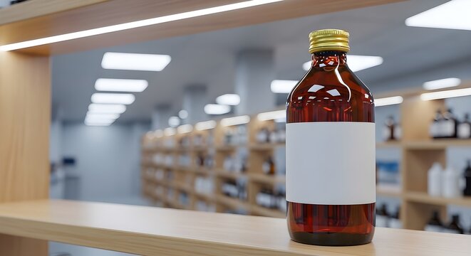 A single amber glass medicine bottle with a blank label sits on a shelf in a brightly lit pharmacy, ready for dispensing.