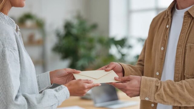 A man hands an envelope to a woman in an office at her workplace. Mail delivery. Delivery service