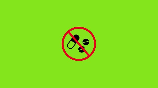No Drugs or Medication Prohibited Symbol on Green Background. Red Warning Sign with Pills and Capsule Icon Crossed Out. Health Safety, Drug Restriction and Medical Prohibition Concept Animation in 4K.