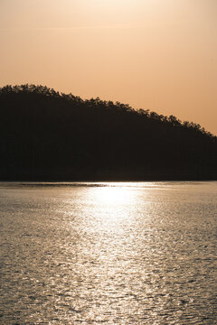 Golden Sunset Reflecting on Calm Sea with Forested Hill Silhouette