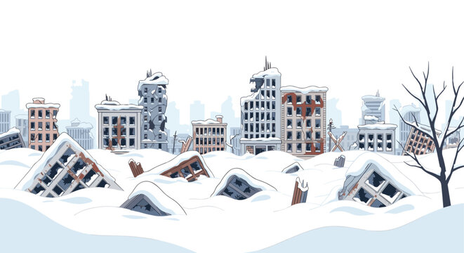A pixel art snowy cityscape with damaged buildings partially buried in snowdrifts and a bare tree.