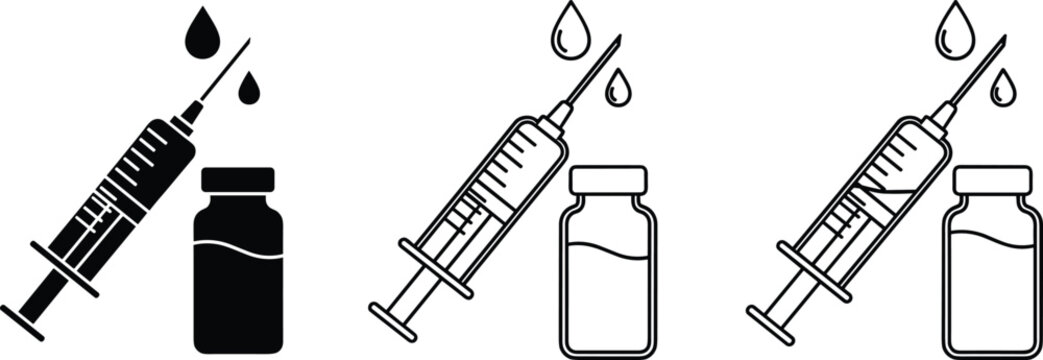 Medical syringe and vial icon set, vaccination symbol, healthcare injection illustration, immunization design, medicine treatment artwork, hospital safety concept inspiration