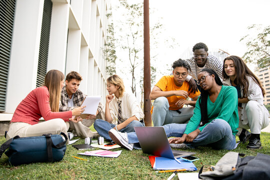 A diverse group of students is enjoying an outdoor study session, sharing ideas and collaborating