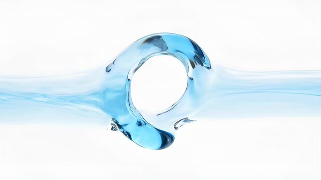 Blue liquid wave ribbon forming elegant curve with suspended droplet and smooth flowing surface blue water loop ripple creating translucent ring with flowing motion and refreshing clear splash