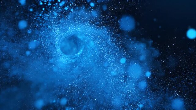 An abstract, close-up image showing a bright blue explosion of particles on a dark background