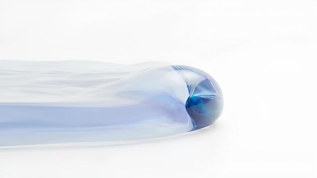 Transparent futuristic water bottle with curved aerodynamic shape and soft blue reflection translucent liquid blob abstract glass form iridescent surface minimal modern composition translucent blue