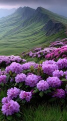 Obraz premium Sunrise reveals mountains with lush grass and blooming rhododendron flowers, while clouds linger in the valleys below