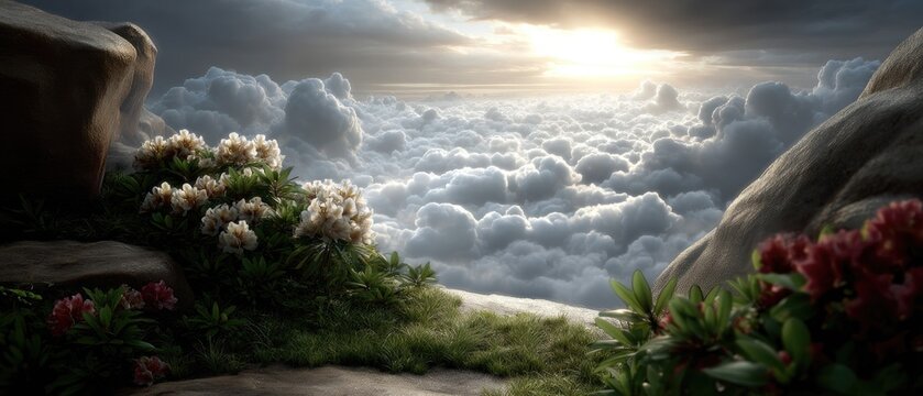Sunrise reveals mountains with lush grass and blooming rhododendron flowers, while clouds linger in the valleys below