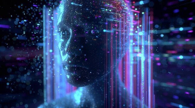 Surreal 3D scene human head silhouette, dissolving into streams glowing binary code holographic charts floating data particles cyberpunk neon blue purple lighting abstract futuristic digital overload