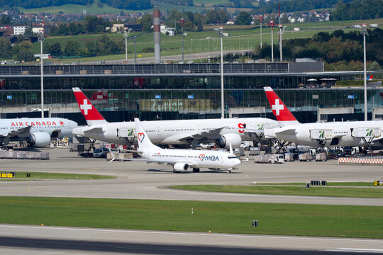 Mavi G&ouml;k Airlines MGA passenger airplane type Boeing 737-800 registration TC-MGO leaving Swiss Z&uuml;rich Airport on a late summer day. Photo taken September 2025, Zurich Airport, Switzerland.