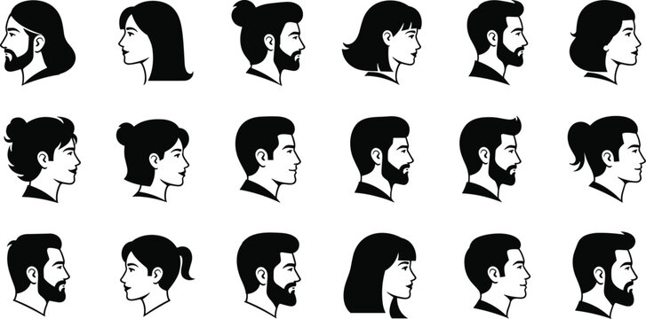 Profile silhouette icon, human face, hairstyle design, male portrait, female outline, diverse character, black vector, minimalist style, flat illustration