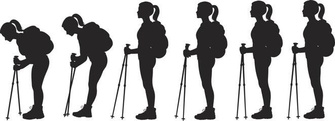 Silhouette sequence of hiker with backpack and poles, showing progression from bent posture to upright stance for outdoor, fitness, and lifestyle design © SreeAuchintoKumar