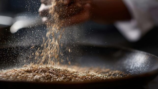 Close-up of a person's hand sprinkling cumin seeds into a frying pan. the person is wearing a white shirt and appears to be in the process of cooking.