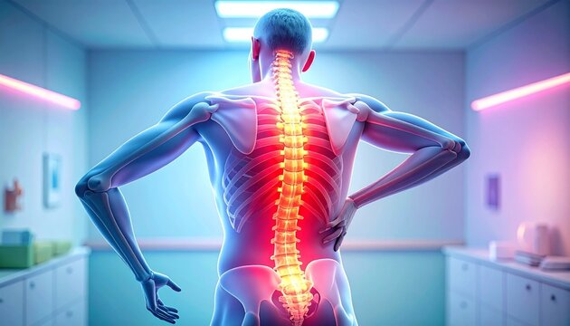 A digital medical illustration of a human figure viewed from the back, emphasizing the cervical spine and upper spinal region. The spine is highlighted in glowing red and orange tones to symbolize pai