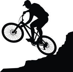 Fototapeta premium Silhouette of mountain biker climbing rocky terrain, showcasing uphill motion, adventure, and outdoor sports for fitness, recreation, and lifestyle design
