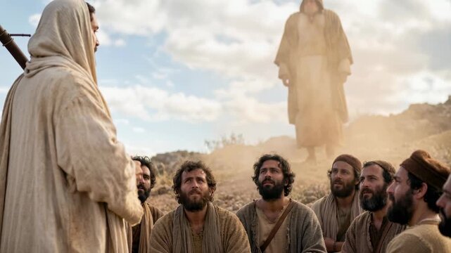 Jesus teaching his disciples biblical lessons. Man preaching to group of followers in desert. Sacred religious scene from New Testament narrative history story.