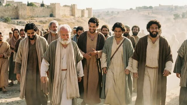 Group of middle eastern men wearing robes walking near ancient city wall. Biblical scene of prophet with followers in desert landscape. Religious history concept.