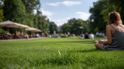 Fototapeta premium A sunny day in a green park with people relaxing on the grass and at outdoor seating areas