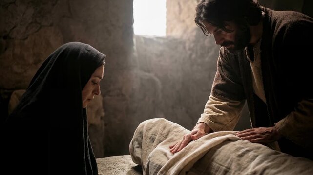 Man covering body with cloth while woman looks on. Bible scene depicting burial preparation in tomb. Religious historical story of Christ with mourning lady.