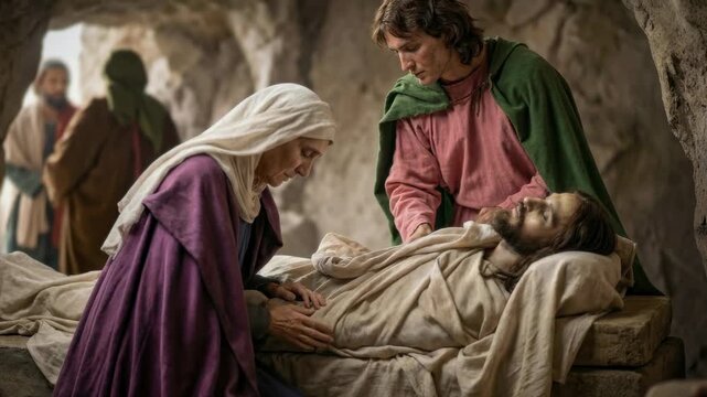 Woman and man mourning over body of deceased Jesus in cave tomb. Religious biblical scene depicting burial rite for Christianity, faith and devotion historical event.