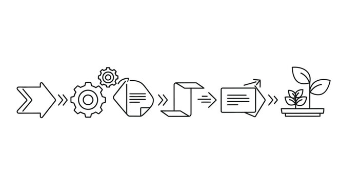 Process flow diagram from idea to growth represented by linear icons