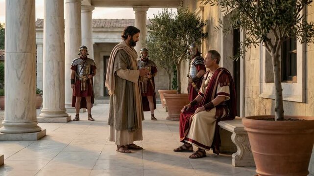Jesus standing before Pontius Pilate in a Roman courtyard. Biblical scene depicting the historical meeting between a man in robes and a Roman governor soldier.