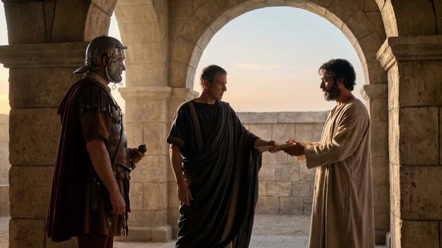 Roman centurion and man in toga handing scroll to bearded Caucasian man in robe. Historical biblical scene representing religious encounter in ancient architecture.