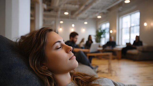 Young woman resting peacefully on a sofa in a modern co working office with colleagues in the background