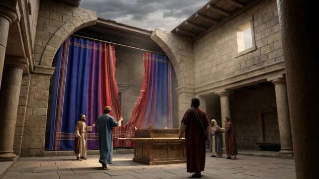 Men witnesses the tearing of the temple veil. Biblical scene representing the end of the old covenant and the access to God. Ancient stone architecture setting.