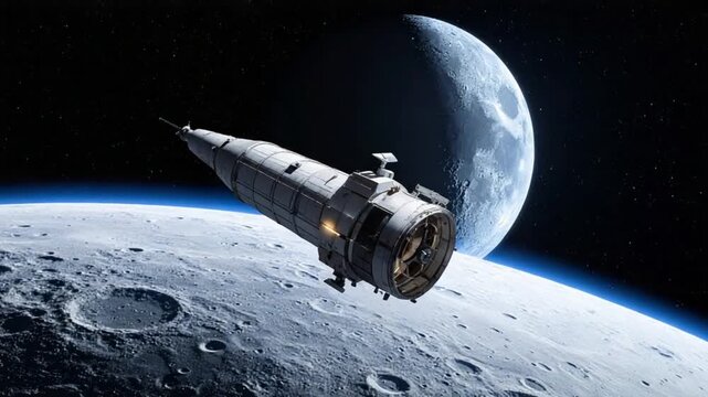 Spacecraft orbiting cratered moon with another celestial body in background