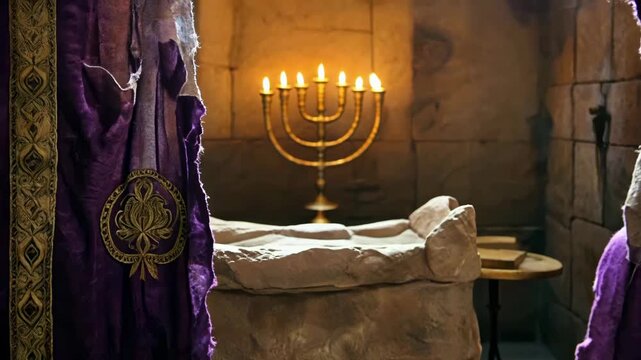 Torn temple veil reveals holy of holies with golden menorah. biblical scene depicting jewish people witnessing the miraculous opening of the sanctuary curtain.