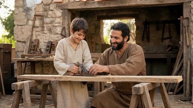 Carpenter teaching child to plane wood in ancient workshop. Biblical scene of father and son artisan working in carpentry shop. Christianity religious history.
