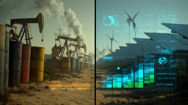 Split-screen comparison energy sources, left side oil barrels, rigs smoke, right side solar panels, wind turbines, green energy icons, animated market charts overlay, futuristic infographic style