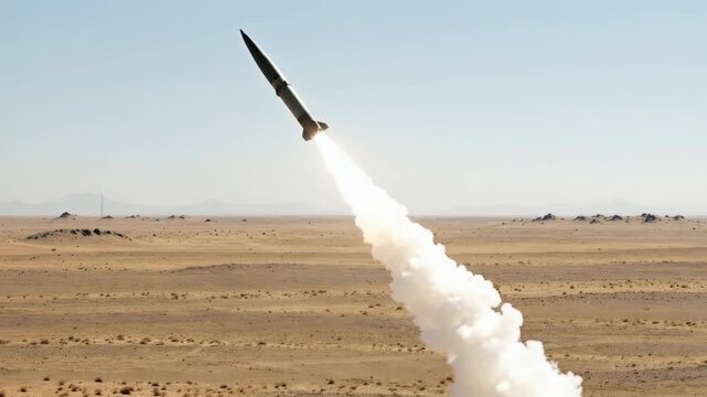 Missile launches from tracked launcher in barren desert. Smoke and fire burst from launch site as missile ascends. Sky clears as missile climbs, leaving white trail behind
