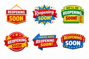 Obraz premium Collection of various colorful badges and signs with reopening soon text, perfect for businesses and shops