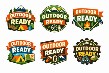 Naklejka premium Outdoor ready badges offering vector emblem collection for camping, hiking, and adventure tourism activities