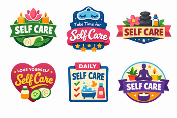 Naklejka premium Self care badges with wellness, relaxation and mental health concepts. Collection of icons for wellbeing and personal care
