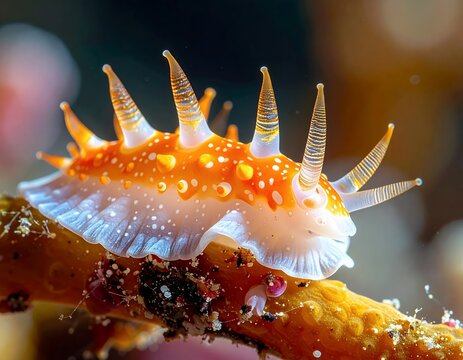 Vibrant Nudibranch Crawling on Underwater Branch.