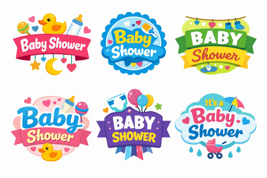 Baby shower celebration emblems, collection of cute infant event labels, expecting parents party concepts
