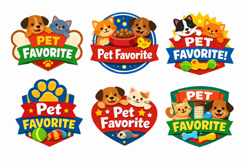 Naklejka premium Pet favorite logo set including dogs, cats, food bowls, toys, and paw prints for animal care and products
