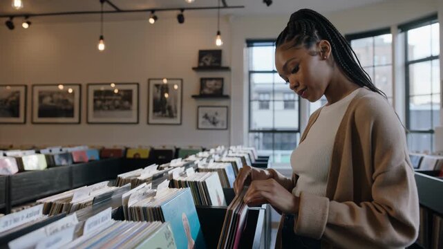 Young african woman buy vintage vinyl disk inside analog store - Retro style concept - Model by AI generative
