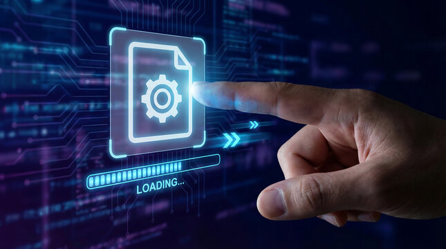 A human hand points at a glowing digital file icon with a gear symbol and loading bar, set against a futuristic circuit background.