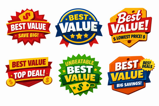 Best value badge set promoting big savings, lowest prices, top deals, and unbeatable offers for discounts
