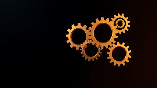 Abstract golden gears interlocking in a dark gradient, symbolizing corporate automation and mechanical precision.